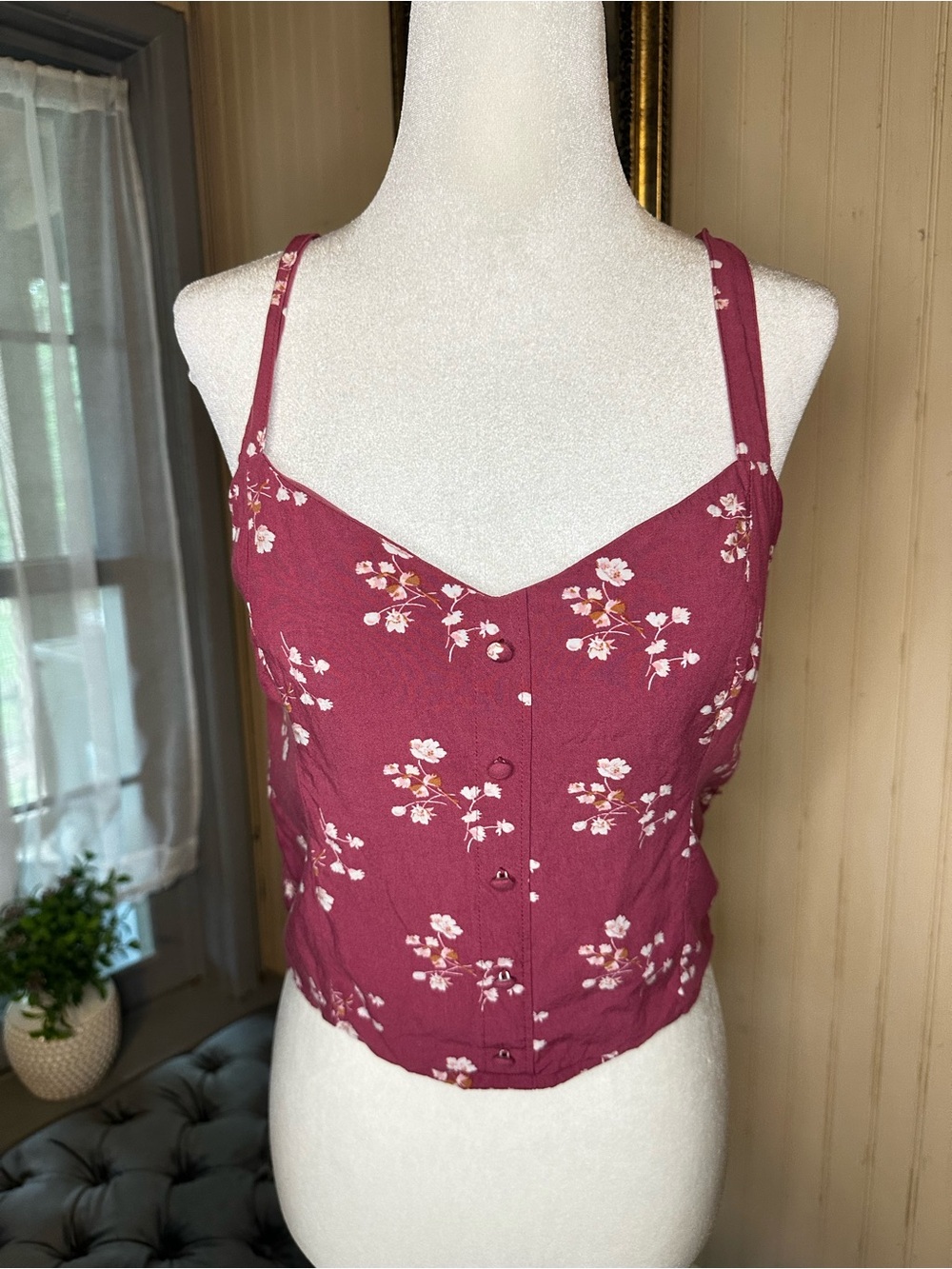 Abercrombie & Fitch Floral Cami Crop Top Pink Smocked Back Y2K Medium